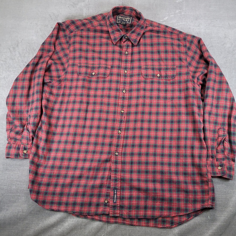 Abercrombie & Fitch Y2K Mens XL Red Plaid Wool Blend Button Down Flannel Shirt‎